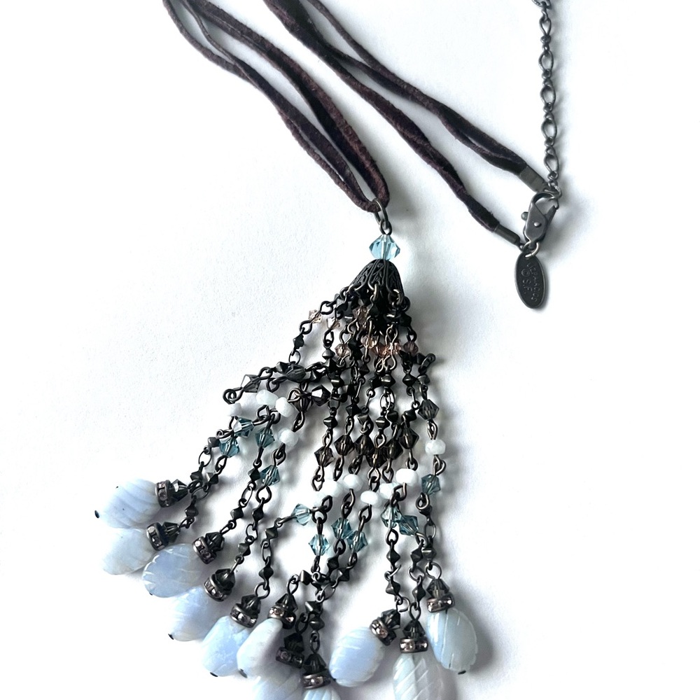Liz Paiaciou vintage  Silver and Blue textured Tassel Necklace 14” W/3” extender